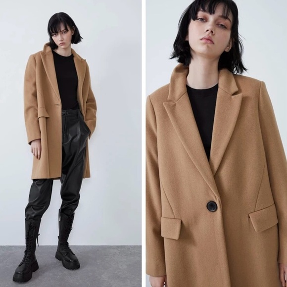 Zara‎ Women's Masculine Wool Blend Longline Coat Camel